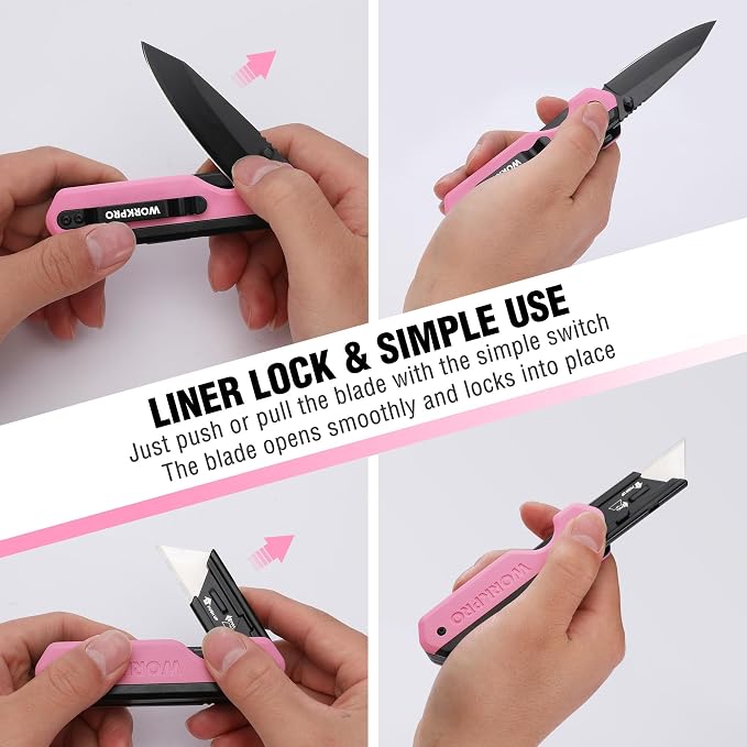 WORKPRO 2-in-1 Folding Knife/Utility Knife, Wood Handle, G10 Handle | Quick-Change Box Cutter, Liner Lock, Belt Clip, 10 SK5 Blades, Carton Cutting, Camping, Hiking, DIY Projects, Pink Ribbon