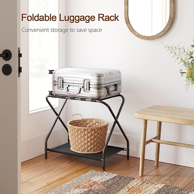 AMHANCIBLE Luggage Rack, Set of 2, Foldable Suitcase Stands for Guest Room | Metal Luggage Holder with Storage Shelf for Bedroom, Hotel, Easy Assemble, Black