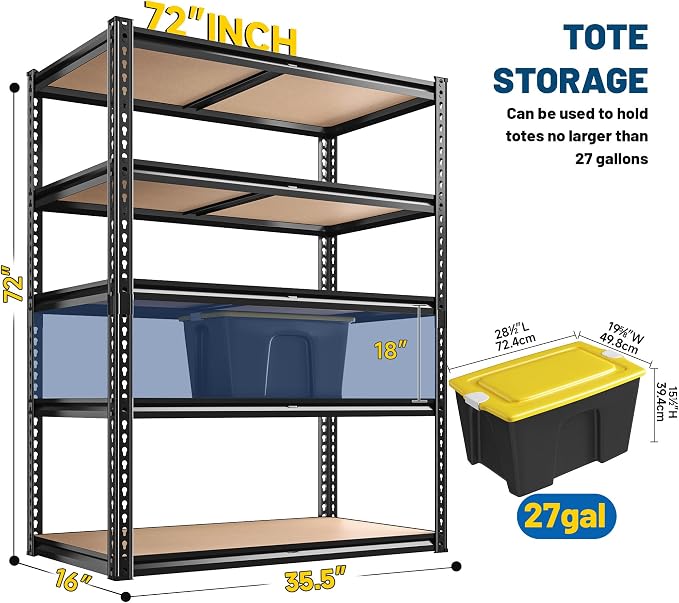 ROOMFAVE 72" H Storage Shelves 5 Tier Garage Shelving Heavy Duty,2050LBS Adjustable Metal Shelving Unit, Garage Shelves for Basement, Warehouse, Pantry, Closet, 72" H x 35.5" W x 16" D, Black,4PCS