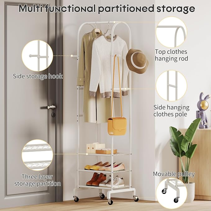 Garment Rack with Wheels,Small Metal Coat Rack With 4 Hooks,Freestanding Heavy Duty Clothing Rack with Shoe Shelves,Hanging Rod for Small Space,Bedroom,Entryway, Office, Living Room (White)