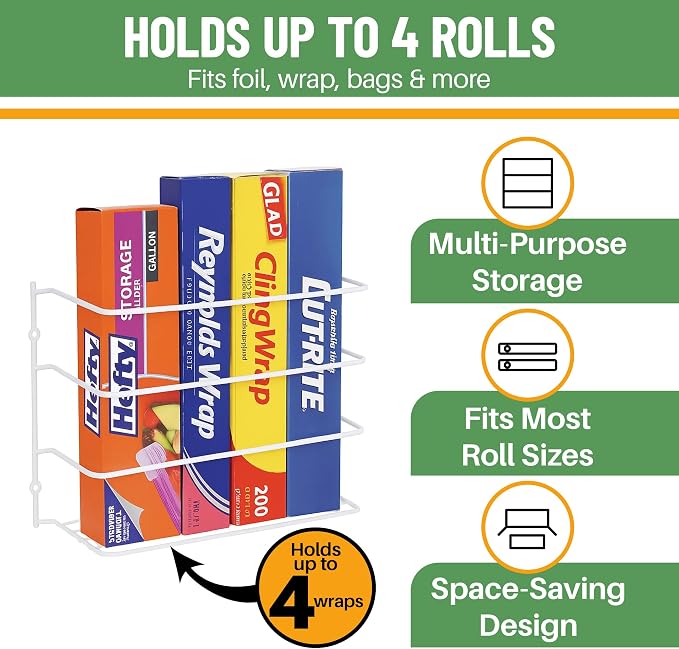 Evelots Kitchen Wrap & Food Bag Organizer Basket, Wall or Cabinet Door Mount, 2-Pack - White