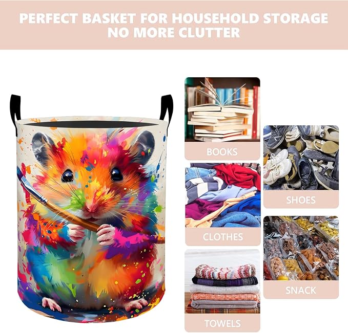 Colorful Artist Hamster Laundry Basket Hamper 19.7"x15.8", Organizer Bins Gifts for Kids Boys Girls, Animal Foldable Waterproof Oxford Clothes Storage Bucket for Bedroom Bathroom Decor