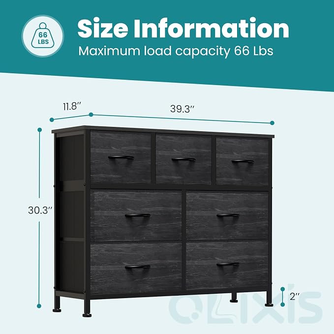 OLIXIS 7 Drawer Closet Organizer, Storage Tower with Sturdy Steel Frame | Dresser for Bedroom, Wooden Top & Easy Pull Fabric Bins, Clothes Organization, Living Room, Black Wood Grain