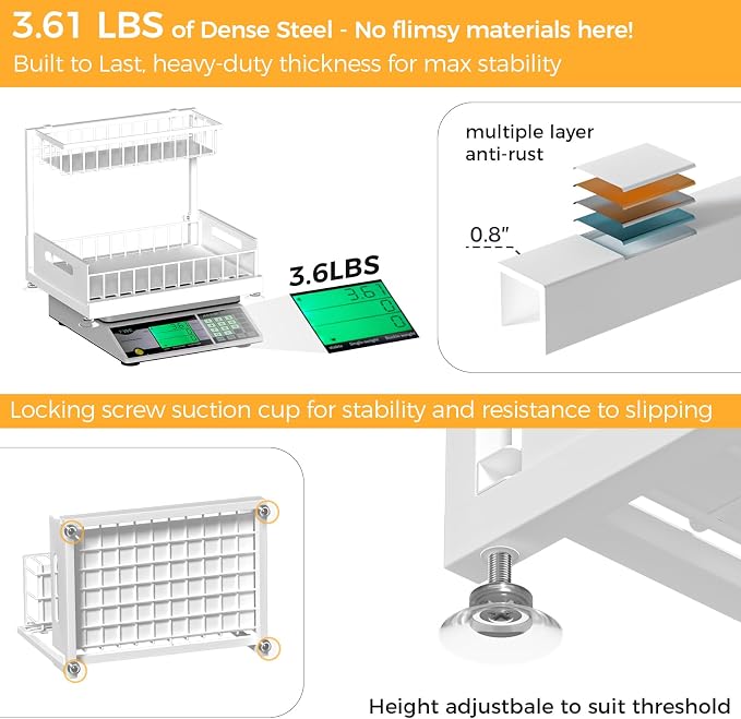 Saydear 2-Pack L-Shaped Under Sink Organizer, 2-Tier Pull-Out Cabinet Rack | White Height-Adjustable Steel Rack, Sliding Grid Drawers with PP Liners, Holds 100 Lbs, Suction Base, Ideal Kitchen Storage