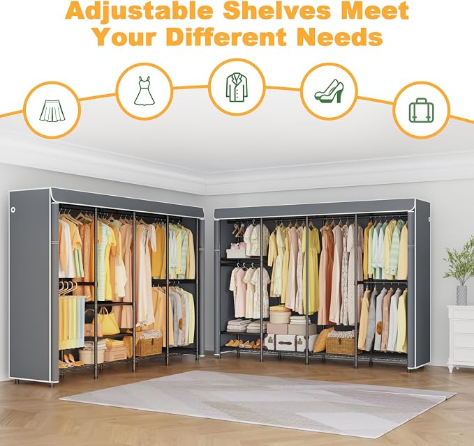 ULIFHOME Clothes Rack with Cover, Large Clothing Racks for Hanging Clothes | H41C Heavy Duty Garment Rack, Adjustable Shelves and Rods, Max Load 1150 Lbs, Black Portable Closet Rack with Gray Cover