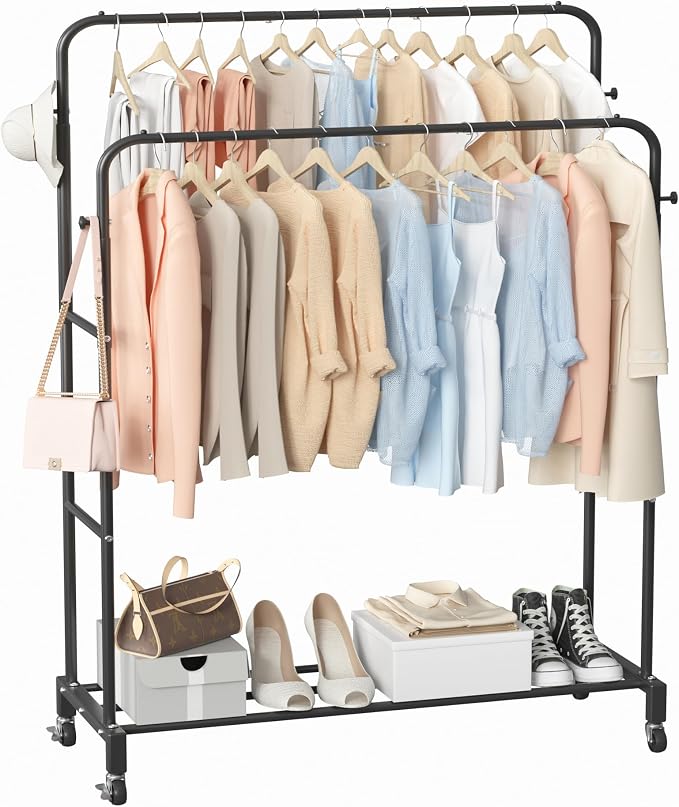 Sooyee Double Rod Clothing Rack with Wheels, 3 Tier, Black | Garment Racks for Hanging Clothes, Portable, 4 Hooks, For Bedroom, Laundry Room