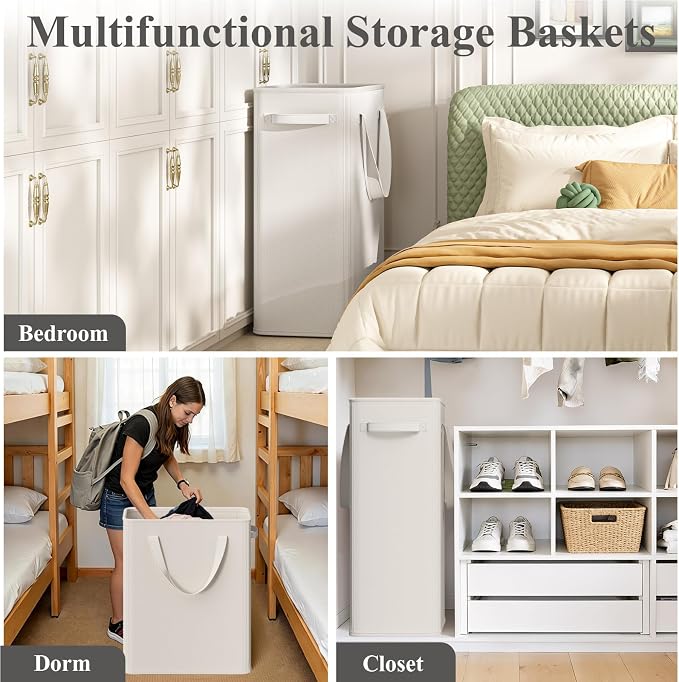 Optish 75L Slim Laundry Hamper, Baby Hamper for Nursery with Handles, Large Laundry Basket for Dorm, Bedroom, Living Room, Collapsible Laundry Basket, White