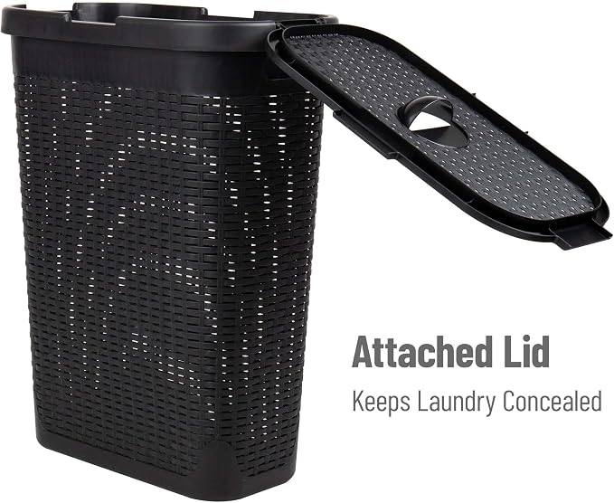 Mind Reader Slim Laundry Hamper with Lid, 40L Clothes Basket, Narrow Tapered Design with Ventilated Cutout Pattern, Plastic, Set of 2, Black