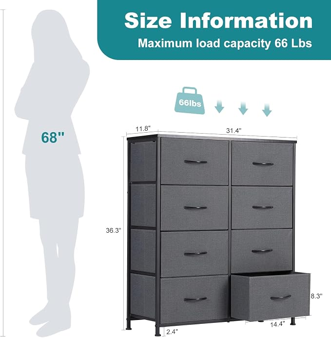 OLIXIS 8 Drawer Storage Dresser for Bedroom, Closet Organizers Units | Fabric Dresser with Wooden Top, Chest of Drawers Clothes Storage, Tower Cabinet, TV Stand Furniture, Grey