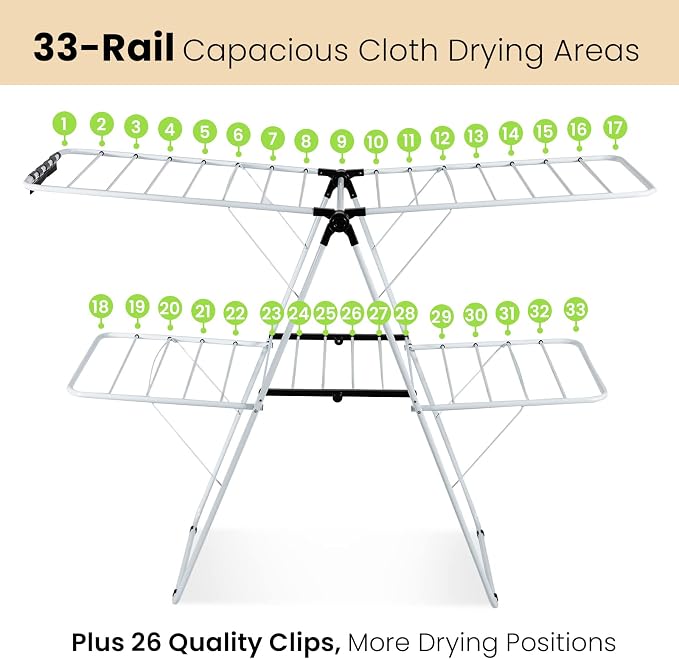 COSTWAY Clothes Drying Rack, Foldable 2 Tier Clothing Laundry Rack | Height-Adjustable Wings, 33 Drying Rails & Sock Clips, Portable Space Saving Racks for Apartment, RV, Indoor & Outdoor Use