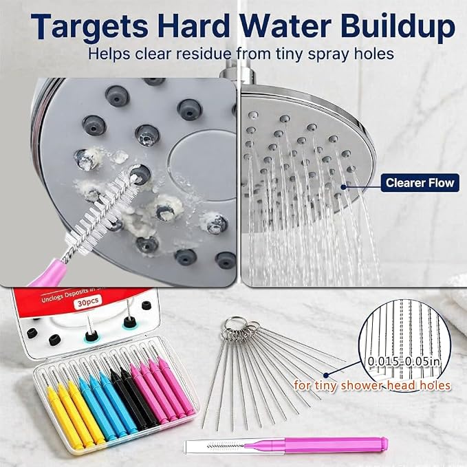 Shower Head Cleaner Tool Set, Multi-Size Shower Head Cleaning Brush for Unclogging Small Nozzles Shower Head Cleaner Picks Crevice Cleaning Tools for All Bathroom/Kitchen Shower Heads (30pcs Set)