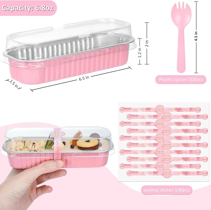 EgticHome Mini Loaf Pans with Lids and Spoons (100 Pack, Pink, 6.8oz) Rectangular Aluminum Foil Baking Pans