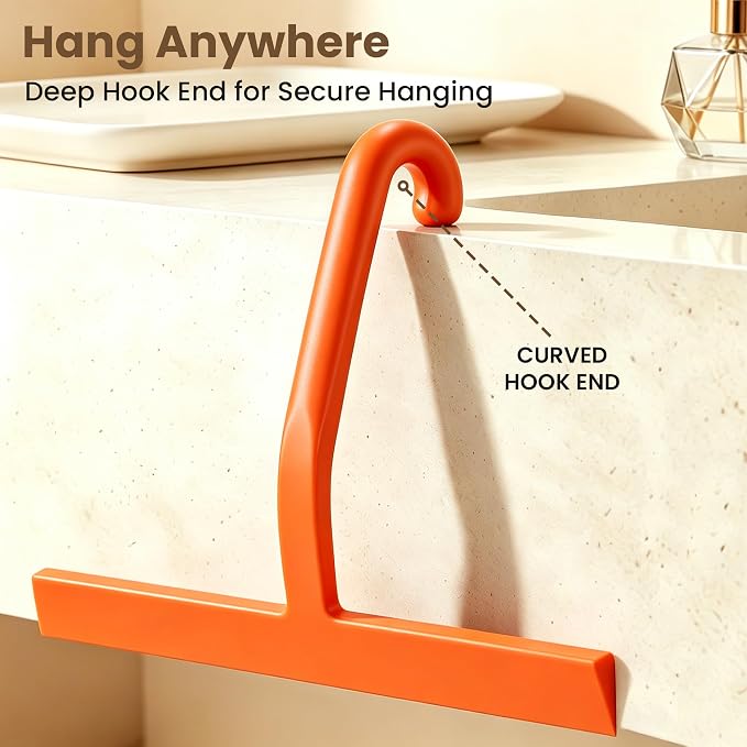 Shower Squeegee for Glass Doors - 10 Inch Bathroom Squeegee with Ergonomic Round Grip, Built-in Hook, Streak-Free No-Squeak Silicone Blade for Shower Glass, Tile Walls, Mirrors & Windows, Orange
