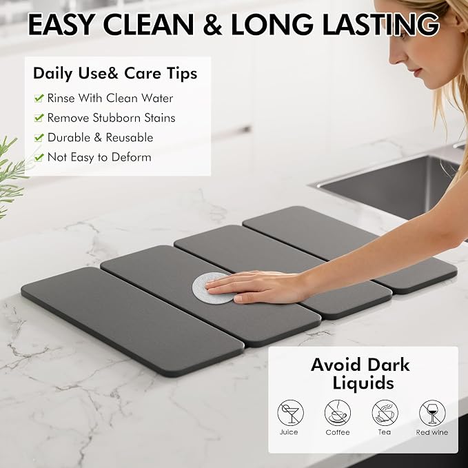 2-in-1 Diatomaceous Earth Dish Drying Mat and Bamboo Dish Rack Combo, 24x16 Inch Super Absorbent Fast Dry Stone Dish Drying Mat, Collapsible Space Saver for Kitchen Counter Bathroom Apartment