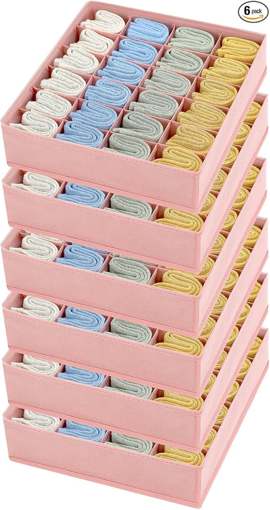 Joyoldelf Sock Organizer Drawer Organizer - Underwear Organizer, 24 Cell Collapsible Closet Organizers and Storage Sock Holders Organizers for Storing Socks, Ties, Belts 6 Pack Pink