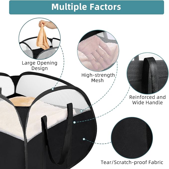Laundry Basket with Handles 90L, Collapsible Laundry Baskets, Foldable Laundry Basket, Tear-proof Dirty Clothes Pop Up Hampers for Laundry, Bedroom, Bathroom, Dorm, Kids Room, Travel or Campout Black