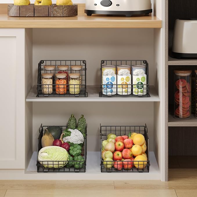 2-Tier Potato and Onion Storage Bin, Stackable Wire Baskets for Countertop | Large Fruit and Vegetable Storage, Wall-Mount Kitchen Pantry Organizer with Ventilated Mesh to Keep Produce Fresh for Cabinet