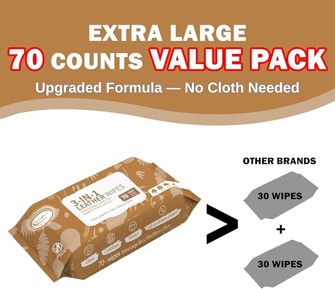 Air Jungles 3in1 Leather Cleaner Wipes 70 Count, Extra Large 8" x 10" Size | Clean Condition Protect Wipes for Vinyl and Leather Apparel Furniture Auto Car Interior Shoes Boots Bags