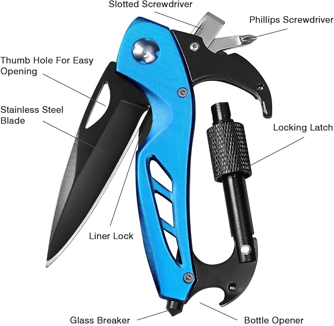 FUNBRO EDC Multitool Carabiner with Knife, Bottle Opener | Window Breaker and Screwdriver, Knives Tools for Men Outdoor Camping (Blue)