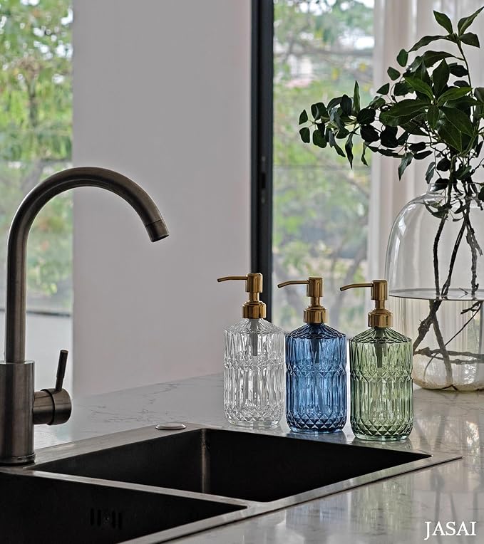 JASAI 18Oz Blue Glass Soap Dispenser with Golden Pump for Dish Soap | Refillable Kitchen Soap Dispenser with Thick Glass & Rust Proof Pump, Bathroom Soap Dispenser for Hand Soap, Liquid Soap.