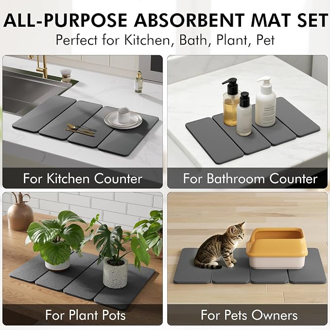2-in-1 Diatomaceous Earth Dish Drying Mat and Bamboo Dish Rack Combo, 24x16 Inch Super Absorbent Fast Dry Stone Dish Drying Mat, Collapsible Space Saver for Kitchen Counter Bathroom Apartment
