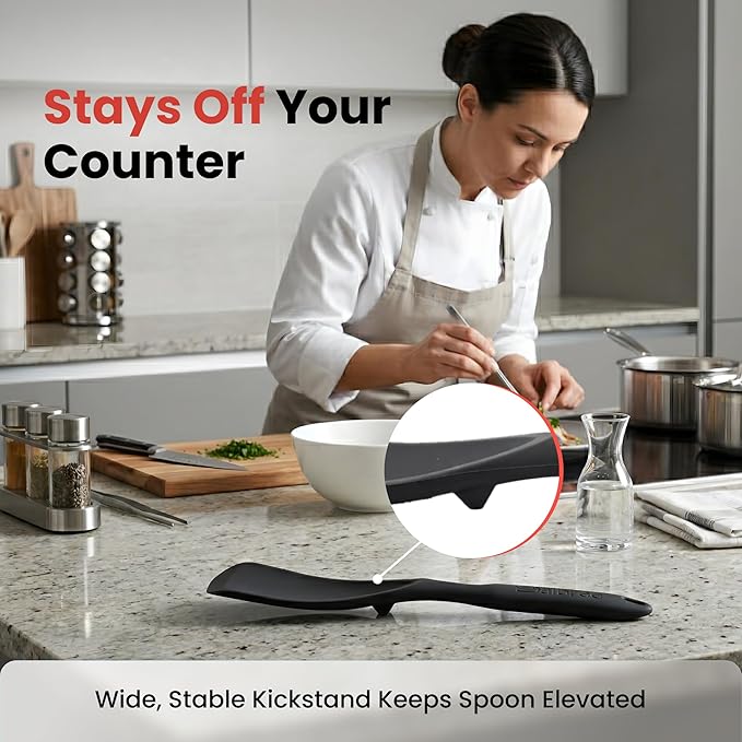 Silicone Spoon Spatula for Cooking - Multifunction Scoop Spatula Spoonula - Heat Resistant Cooking Spoon for Nonstick Cookware - Large Silicone Kitchen Spoon - Seamless Design (Black,1pc)