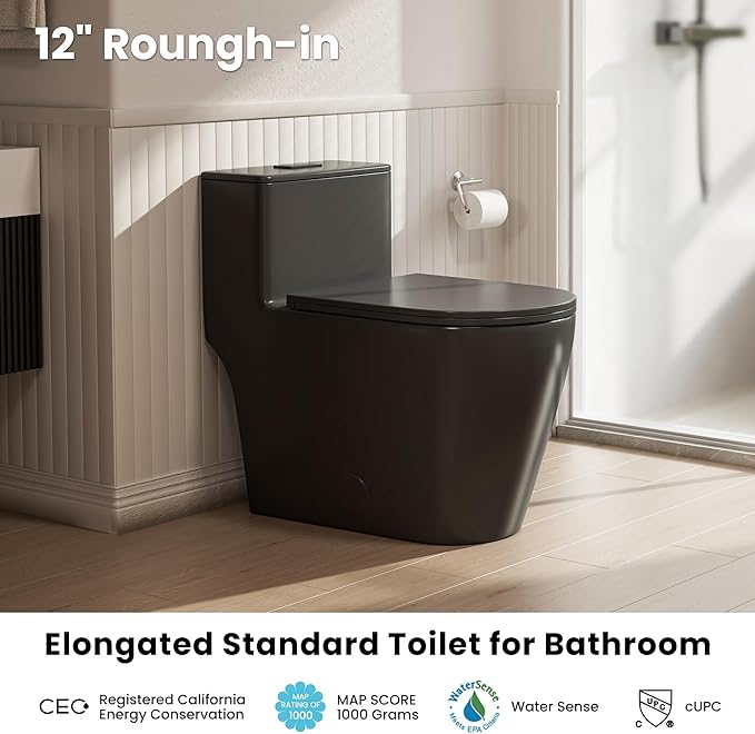 Casta Diva Elongated One Piece Toilet Black with 17" ADA Comfort Chair Height Seat Compact Toilet for Bathroom Power Dual Flush 1.1/1.6GPF & MAP 1000g, 12'' Rough-in, Matte Black