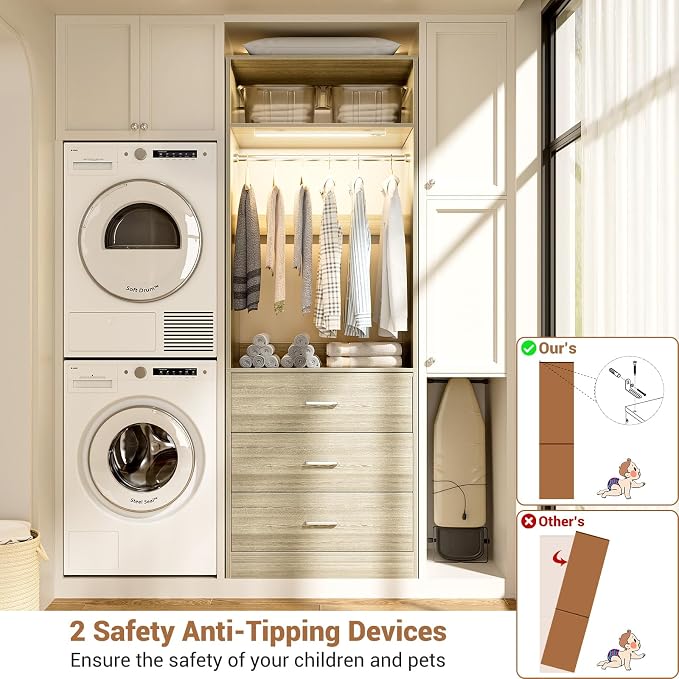 Besiost 8FT Closet System with 4 Motion Sensor LED Lights, 96" Closet Systems with 12 Drawers, Closet Organizer System with 4 Hanging Rods & 4 Shelves, Heavy Duty 96 Inch Walk-in Closet, White Oak