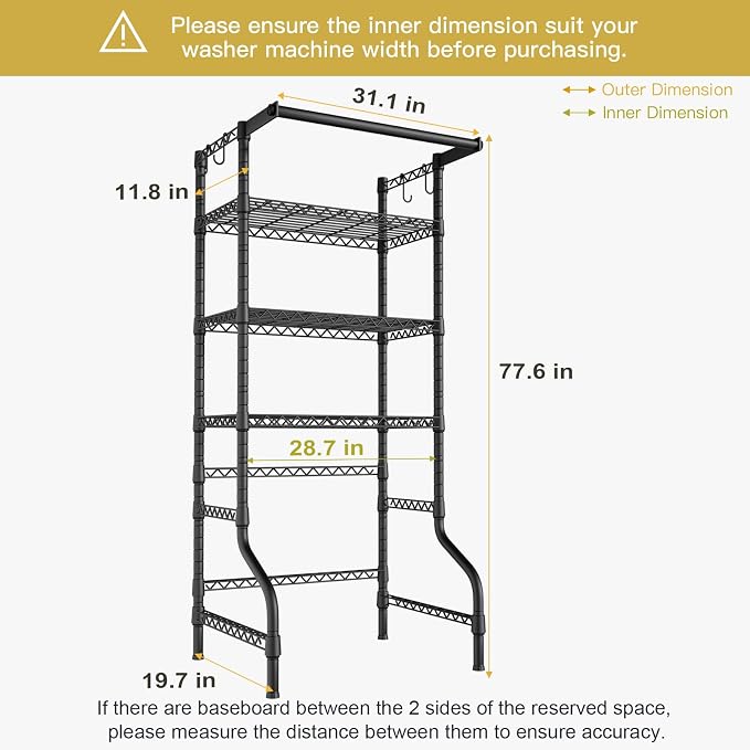 U11 Medium Over Washer and Dryer Shelves, 3 Tiers Laundry Room Storage and Organizer Standing Shelf, Metal Freestanding Clothes Drying Rack, 31.1”W x 19.7”D x 77.6”H, Black