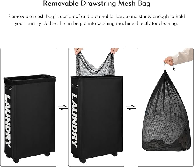 DOKEHOM 29" Enlarged Slim Rolling Laundry Basket Hamper on Wheels, Black | Collapsible tall laundry hamper with removable mesh wash bag. Foldable narrow corner clothes storage bin for small spaces