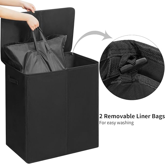 WOWLIVE 180L Double Laundry Hamper 2 Section with Lid and Removable Bags | Divided Laundry Basket, Large Dirty Clothes Hamper with Handle, Collapsible Laundry Storage for Dorm Room, College, Black