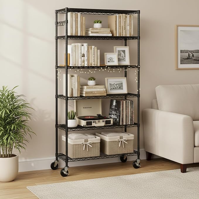 Folews 6-Tier Metal Storage Rack with Wheels, NSF Sturdy Adjustable Wire Shelving Unit for Garage Kitchen Pantry Laundry Room, 36" W x 14" D x 75" H Large Rolling Organizer Shelf Easy Assembly, Black