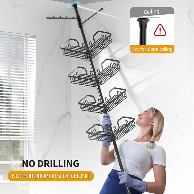 KEGII Shower Caddy Tension Pole with 2 Towel Bars, Corner Shower Organizer Shelves for Bathtub Shampoo Storage, Adjustable Shower Tension Rod with Razor Holder & Hooks