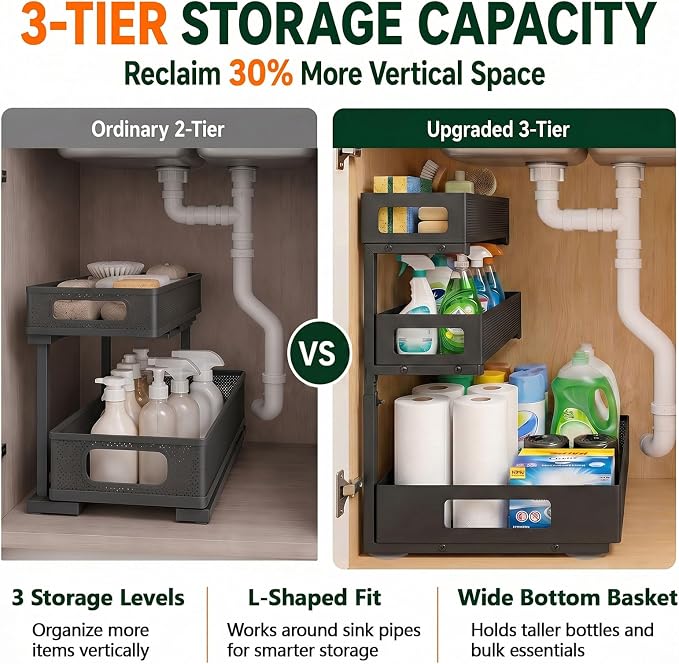 3 Tier Under Sink Organizer,1 Pack Pull Out Cabinet Shelves with Adjustable Height,Heavy Duty Carbon Steel L-Shaped Storage for Kitchen Bathroom Sink,Pantry & Laundry,Black