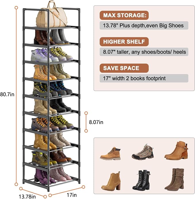 OYREL Shoe Rack, Upgrade Plus Narrow 10 Tier Shoes Organizer for Closets | Any Shoes & Boots, Sturdy Metal Tall Stackable Free Standing Shoe Racks for Small Space, Bedroom, Entryway