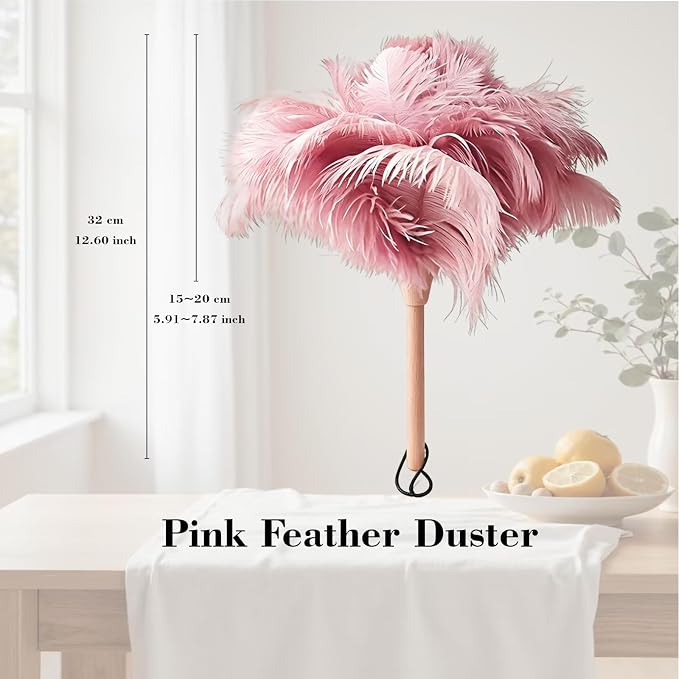 NCEDN Pink Ostrich Feather Duster 32cm – Soft Feather Duster with Wooden Handle for Keyboard, Blinds, Ceiling Fan & Furniture Cleaning