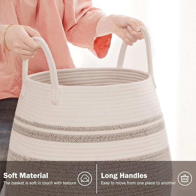 Extra Large Laundry Hamper Basket 105L Woven Blanket Basket, Brown & White | Tall Clothes Hamper, Rope Wicker Laundry Basket, Storage Basket for Toys, Dirty Cothes in Bedroom, Living Room Organizer
