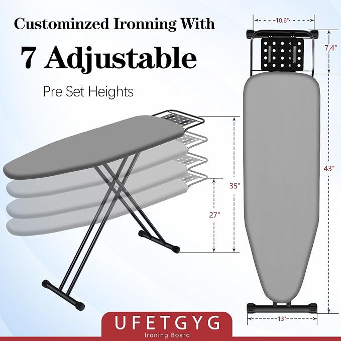 UFETGYG Ironing Board,13" X 43" W/with Iron Rest | Full Metal Construction| Height Adjustable | Heat & Scorch Resistant Fabric | Heavy Duty| Easy to Fold | Anti-Skid Feet |Grey