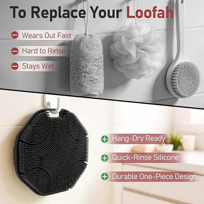 Back Scrubber for Shower 2 Pack, Silicone Body Scrubber with Long Handle, Detachable Body Wash Bath Scrubber Shower Scrub Brush -Dense Bristles Exfoliating & Lather Well for Women Men Black