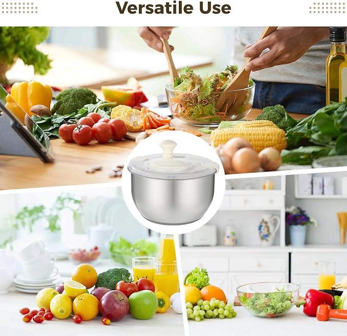 Stainless Steel Salad Spinner Set with Grater and Food Clip, 6L Large Metal Salad Spinner, Fruit Vegetable Dryer with Built-in Drain Spout for Dehydrating Fruit and Vegetable, Pasta (Silver)