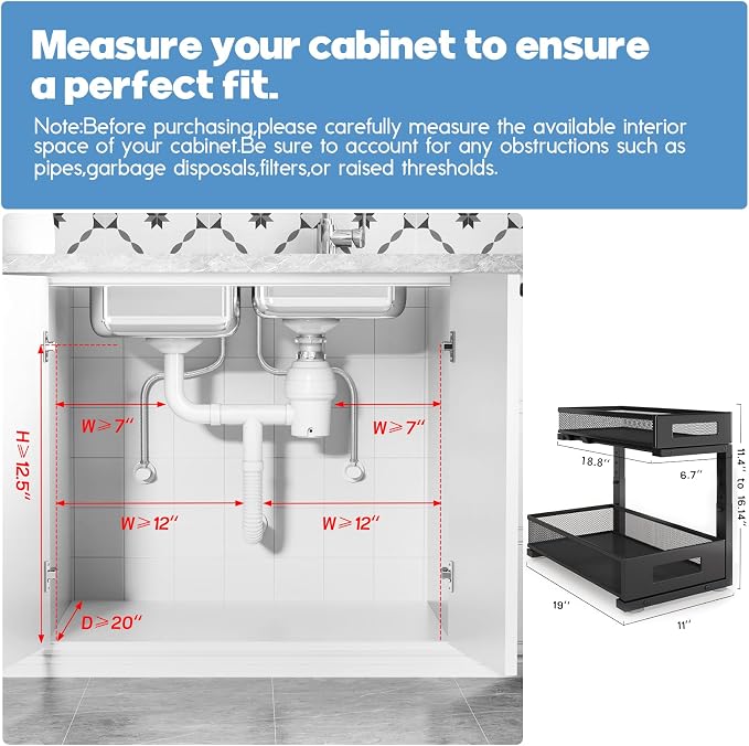 2 Pack 19IN Depth Under Sink Storage Organizer, Large 2-Tier Elegant Mesh Pull Out Shelf for Kitchen and Bathroom Cabinet Organization, L-Shaped and Adjustable Height Design-Black