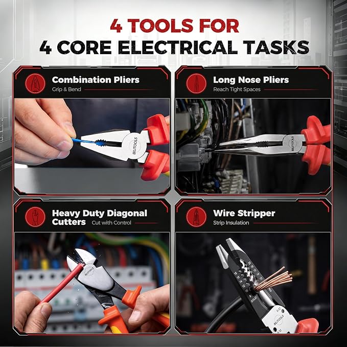 BILITOOLS High Leverage 1000V Insulated Pliers Set, Cr-Mo Electrician Tools | 8" Lineman, Needle Nose, Wire Stripper & 7" Diagonal Cutting Pliers, Multipurpose Stripping & Cutting, Electrician Tools