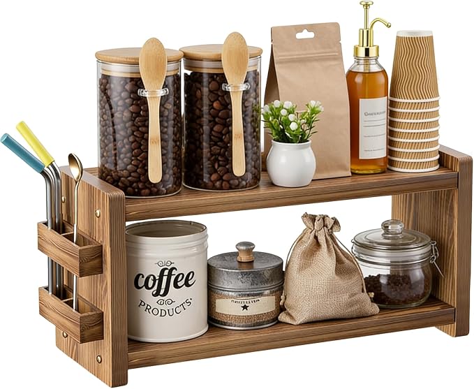 2 Tier Solid Wood Coffee and Matcha Station Organizer Farmhouse | with Straw Holder for Matcha, Pods, Sugar, Tea, Cups, Stirrers, Mugs Storage Countertop