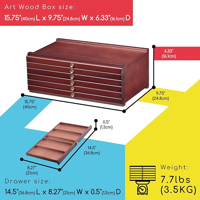 MEEDEN 6-drawer Wood Artist Supply Storage Box, Portable Beechwood Multifunctional Pencil Brush Organizer Wood Box with Drawer&Compartments for Pastels, Pencils, Pens, Makeup Brushes(Deep Walnut)