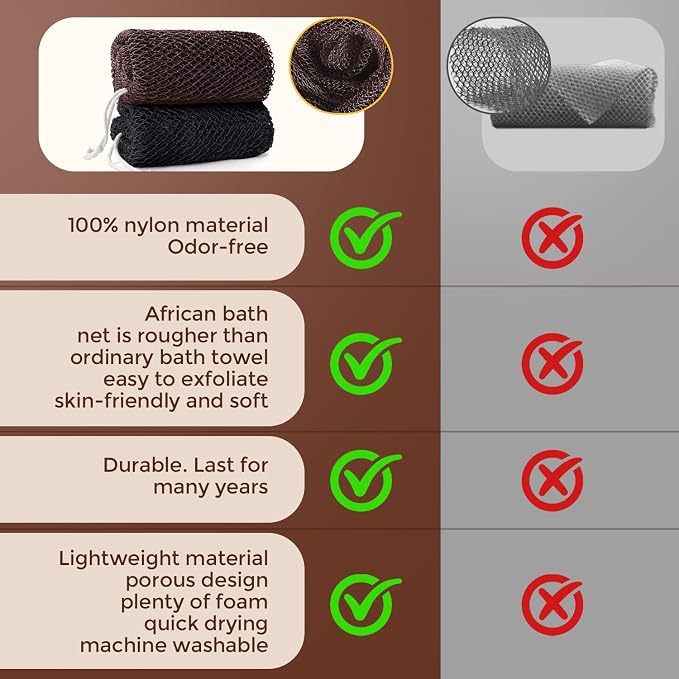 2 Pieces African Net Sponge Authentic, Durable Back Scrubber Washcloth for Shower, Exfoliating Net Sponge for All Skin, Bathing Accessories for Women (2 Pack (Black and Brown))