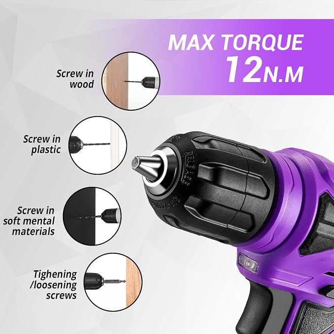 DEKOPRO Tool Set: Tool Kit with 8V Cordless Drill, Hand Toolbox with storage case, Tool set for Home Repairs 126 Piece, Purple
