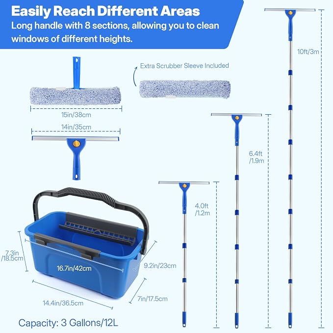 10Ft Window Cleaning Kit with Bucket 3 Gallon, 14" Window Squeegee and 15" Scrubber with 3m Long Handle, Professional Window Cleaning Equipment Washing Kit Cleaner Tool for Home Outdoor Commercial Use