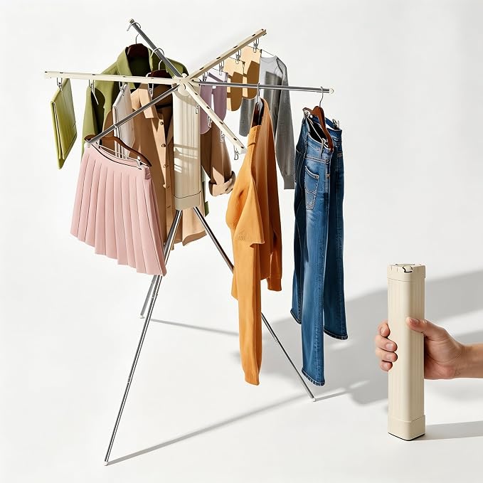 Foldable Tripod Clothes Drying Rack - 6 Clothes Arms & 12 Underwear Clips & 12 Hanging Points & Stainless Steel Legs/Clothes Rods, Portable Clothing Airer for Suitcase RV Balcony Camping