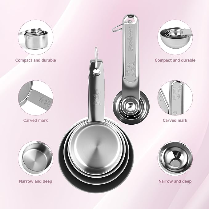 Measuring Cups and Spoons Set, 8 Piece | Nesting design for compact storage, includes 4 cups + 4 spoons, for cooking and baking
