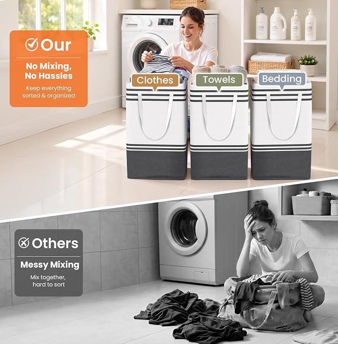 TranquilRelax 3-Pack Laundry Basket, Laundry Hamper, Grey-88L | Freestanding＆Water-Resistant Laundry Hamper, Collapsible Tall Clothes Hamper with Carry Handles for Clothes, Laundry Basket